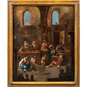 Attribuito ad Alessandro Magnasco (Genova 1667 - 1749) - Scena di taverna con venditore e gazza