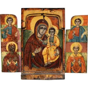 Pittore greco-ortodosso (XIX sec.) - Trittico portatile con Madonna Odigitria e quattro santi.