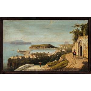 O. Giosti (attivo nel XIX sec.) - Veduta di Ischia con il porto e il Vesuvio sullo sfondo.