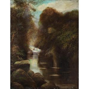 W. Miller (British, fine XIX sec.) - Paesaggio boschivo con ruscello.