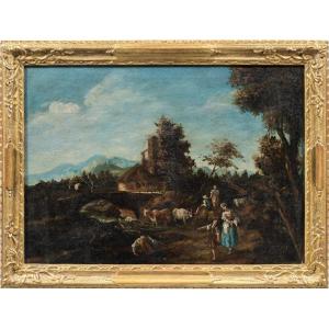 Giuseppe Zais (Forno di Canale 1709 - Treviso 1784) - Paesaggio con lavandaie.