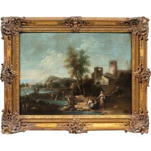 Giuseppe Zais (Forno di Canale 1709 - Treviso 1784) - Paesaggio con pastorelle.