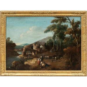 Giuseppe Zais (Forno di Canale 1709 - Treviso 1784) - Paesaggio con pastori, armenti e ponte.