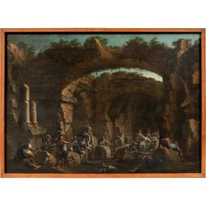 Clemente Spera (Novara 1661 - Milano 1742) - Adorazione dei pastori in un paesaggio con rovine.