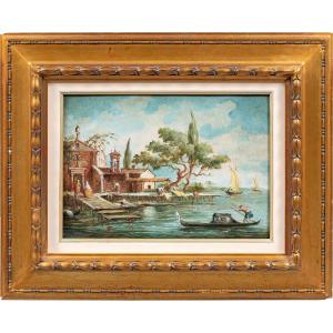 Lucia Ponga degli Ancillo (Venezia XX) - Capriccio veneziano con pontile, gondola e macchiette.