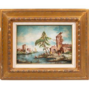 Lucia Ponga degli Ancillo (Venezia, XX) - Capriccio veneziano con rovine, barche e macchiette.
