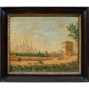 Pittore veneto (XIX sec.) - Veduta di Padova da Porta Liviana con la Basilica di Sant'Antonio.
