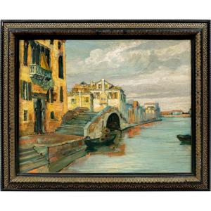 Pittore veneziano (inizi del XX secolo) - Canale veneziano con ponte e palazzo gotico.
