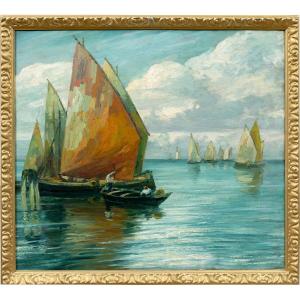 Vittorio Matiolin (attivo a Venezia agli inizi del XX secolo) - Bragozzi con vele nella laguna.
