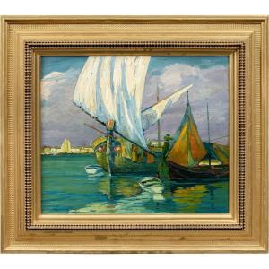 E. Scattolini (attivo a Venezia agli inizi del XX secolo) - Bragozzi con vele nella laguna.
