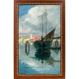 E. Scattolini (attivo a Venezia agli inizi del XX) - Barche da pesca nella laguna Burano.