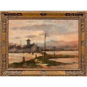 Vittorio Antonio Cargnel (Venezia 1872 - Milano 1931) - Paesaggio con borgo e figure.