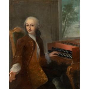 Pittore francese (XVIII secolo) - Ritratto di gentiluomo al clavicembalo.