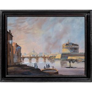 Seguace di Ippolito Caffi (XIX sec.) - Roma, veduta del Tevere verso Castel Sant'Angelo.