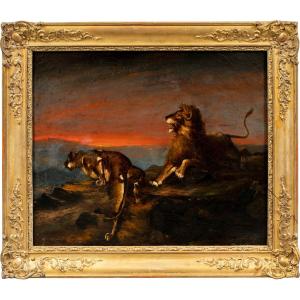 Pittore francese (XIX sec.) - Leone e leonessa al tramonto.