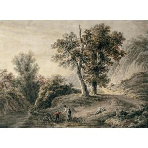 Franz Rechberger, Landscape With Figures By A Pond