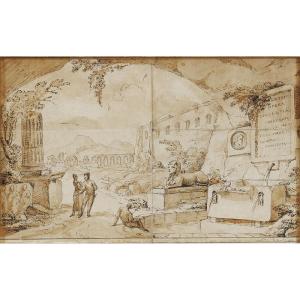 Italian School, Late 18th Century, Capriccio With Ruins, Aqueduct And Temple