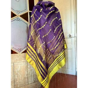Shawl In Violine Silk Gauze Brocaded Yellow Gold - Central Asia Early 20th Century