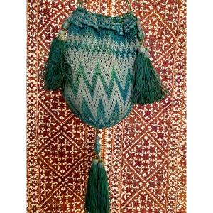 Precious Reticule In Mesh Of Green And Silver Silk Threads In Zig-zag - France Late 18th Century