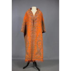 Shape-woven Visiting Shawl In Orange Cashmere - France Circa 1850