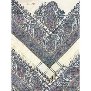 Double-pointed Fashion Cashmere Shawl With Reserve In Cream Pashmina - France Circa 1830 