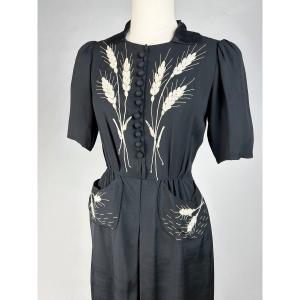 Little Black Dress With Embroidered Wheat Ears - France Circa 1945
