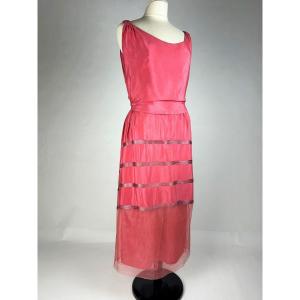 Art Deco Dress In Coral Pink Silk Crepe And Tulle - France Circa 1920-1925