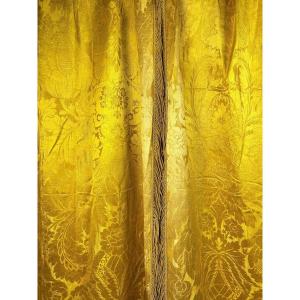 Pair Of Buttercup Yellow Damask Brocatelle Curtains - France Louis XV Period Circa 1740