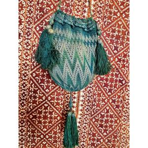 Green And Silver Silk Thread Mesh Reticule In Zig-zag Pattern - France Circa 1810-1830