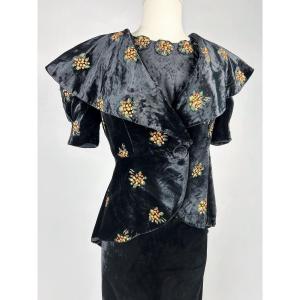 Painted Silk Velvet Panne Dress And Bolero - France Circa 1940