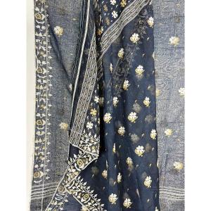 Indigo Dyed Jamdani Or Bengali Brocade Cotton Voile - India Circa 1950