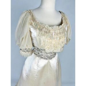 Champagne Satin Reception Dress, Edwardian Period - England Circa 1900