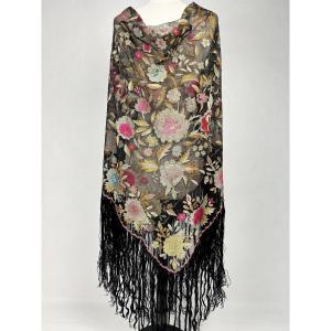 An Art Deco Shawl Embroidered With Flowers On Black Tulle, Circa 1920