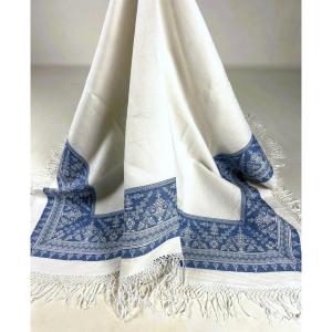 Damask Party Tablecloth Woven In Indigo Blue Linen From The Vosges Region, Circa 1920