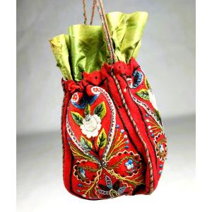 Red Embroidered Wool Felt Reticule, Adrianople - France, Circa 1870