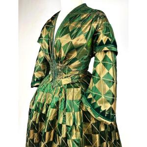 Checkered Damask Crinoline Day Dress - Early Second Empire Period, Circa 1855