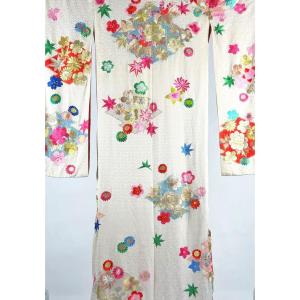 An Embroidered Silk Damask Furisode Kimono - Japan Circa 1960