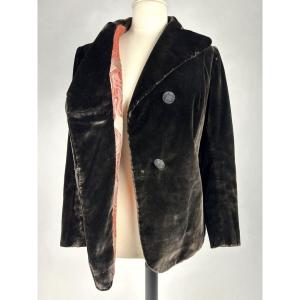 Brown Plush Velvet Jacket With Art Deco Lining - France Circa 1930 -1940