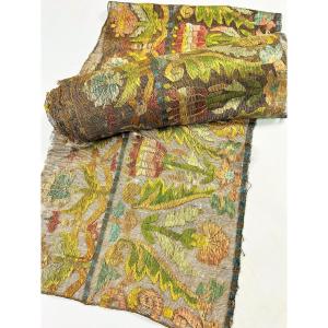 Buratto Embroidery Borders, Polychrome Silk On Linen Voile - Italy 16th-17th Century