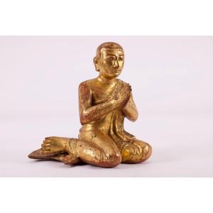 Moine Bouddhiste En Bois Doré Birmanie Mandalay