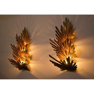 Pair Of Brass Wall Sconces "palm Tree" Maison Jansen