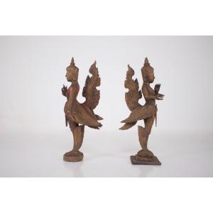 Kinnara & Kinnari Couple In Carved Wood, Burma, Late 19th Century