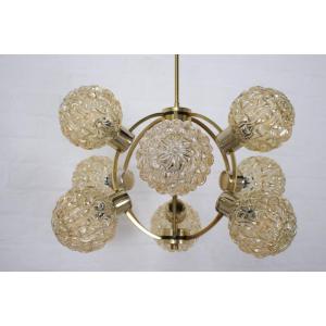 Chandelier With Nine Amber Glass Globes, 1970s