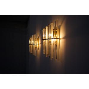 Wall Lights In Solid Brass And Frosted Glass Tubes, Italy, 1980s.