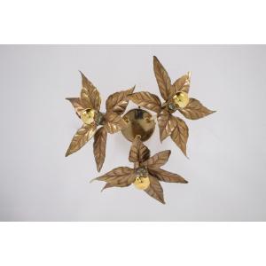Floral Ceiling Light In Brass And Gilded Metal, Willy Daro For Massive.