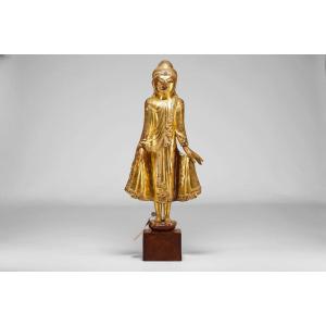 Standing Buddha From The Mandalay Period In Solid Gilded Wood