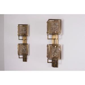 Large Brass And Amber Glass Wall Sconces