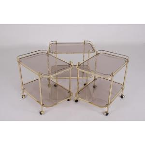 Rolling Trolley In Brass And Smoked Glass 1970.
