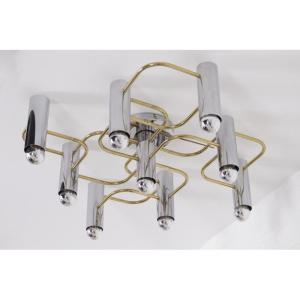 Brass And Chrome Ceiling Light By Gaetano Sciolari For Leola.