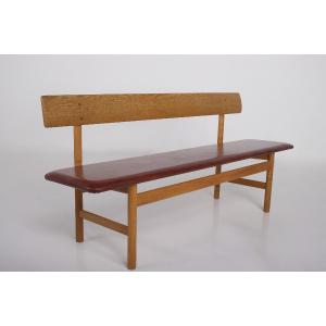 Cognac Oak And Leather Bench By Børge Mogensen